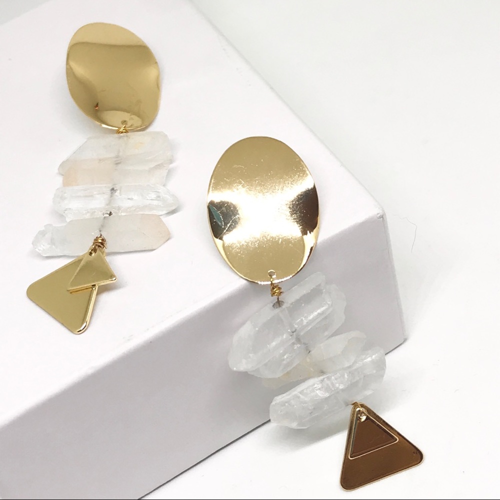 Anthropologie Gold Plated Long Stacked Quartz Gemstone Crystal Drop Earr…